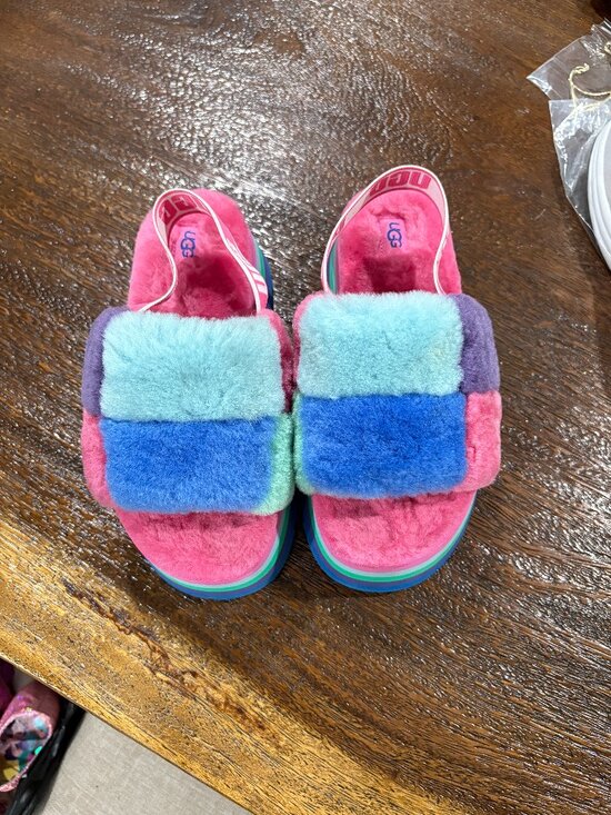 UGG Shoes - UGG Disco Checker Pride Rainbow Pastel Slide Furry Platform sz US 6